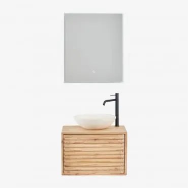 Conjunto De Móveis De Banheiro De Madeira Suspensos Deleyna Madeira Natural & Cimento Redondo Branco Ø40 Cm Zavion & Led - Sklum