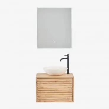 Conjunto De Móvel De Casa De Banho Suspenso 60x45 Cm Em Madeira Deleyna Madeira Natural & Cimento Redondo Branco Ø40 Cm Zavion & Led - Sklum