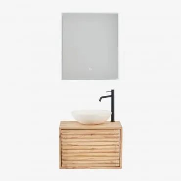 Conjunto De Móvel De Casa De Banho Suspenso Em Madeira Deleyna Madeira Natural & Cimento Redondo Branco Ø40 Cm Zavion & Led - Sklum