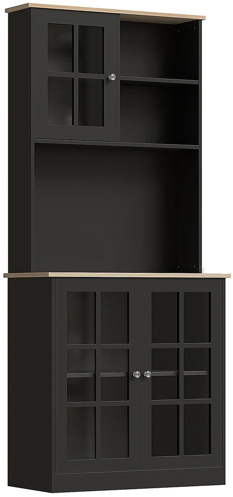 Armário de Cozinha com Prateleiras e Portas de Vidro Armário Alto de Cozinha para Pequenos Eletrodomésticos e Louças 80x37x183 cm Preto