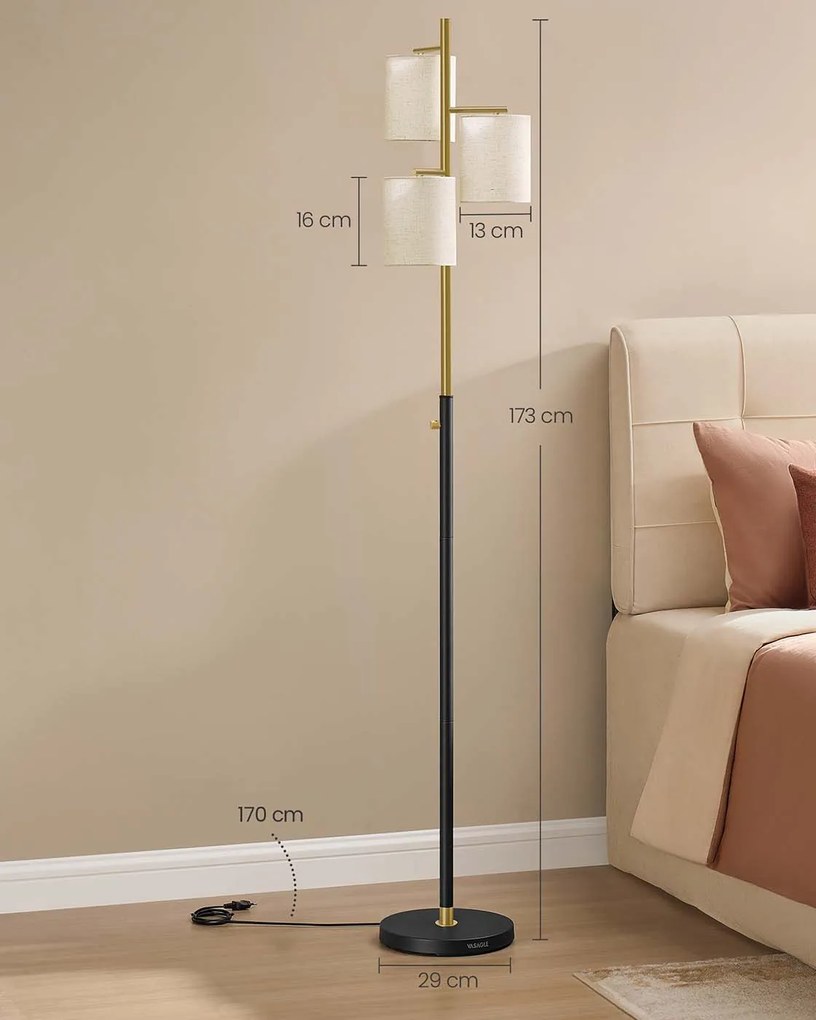 Candeeiro de pé com três lâmpadas e luminosidade ajustável 29 x 29 x 173 cm dourado-preto