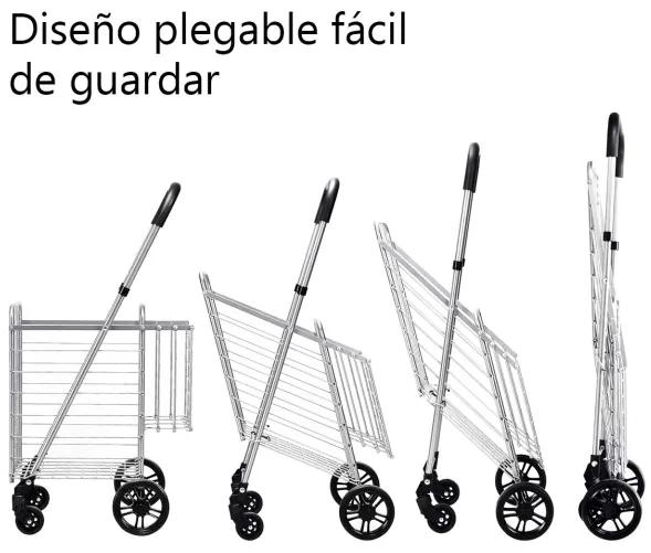 Carrinho de compras dobrável portátil com cesta dupla, médio e leve, grande capacidade, com 4 rodas, 43 x 52 x 95 cm Prata