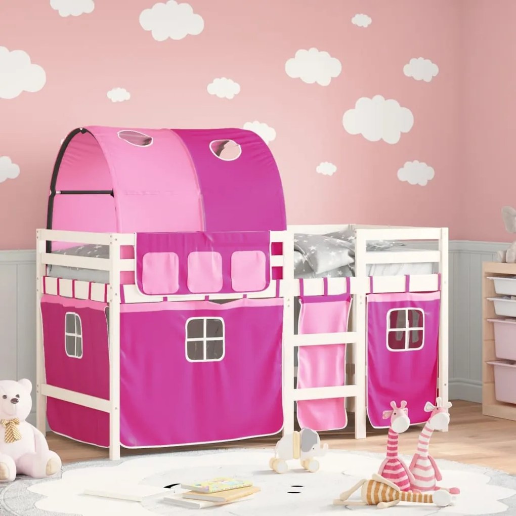 vidaXL Cama alta para criança com túnel 80x200 cm pinho maciço rosa