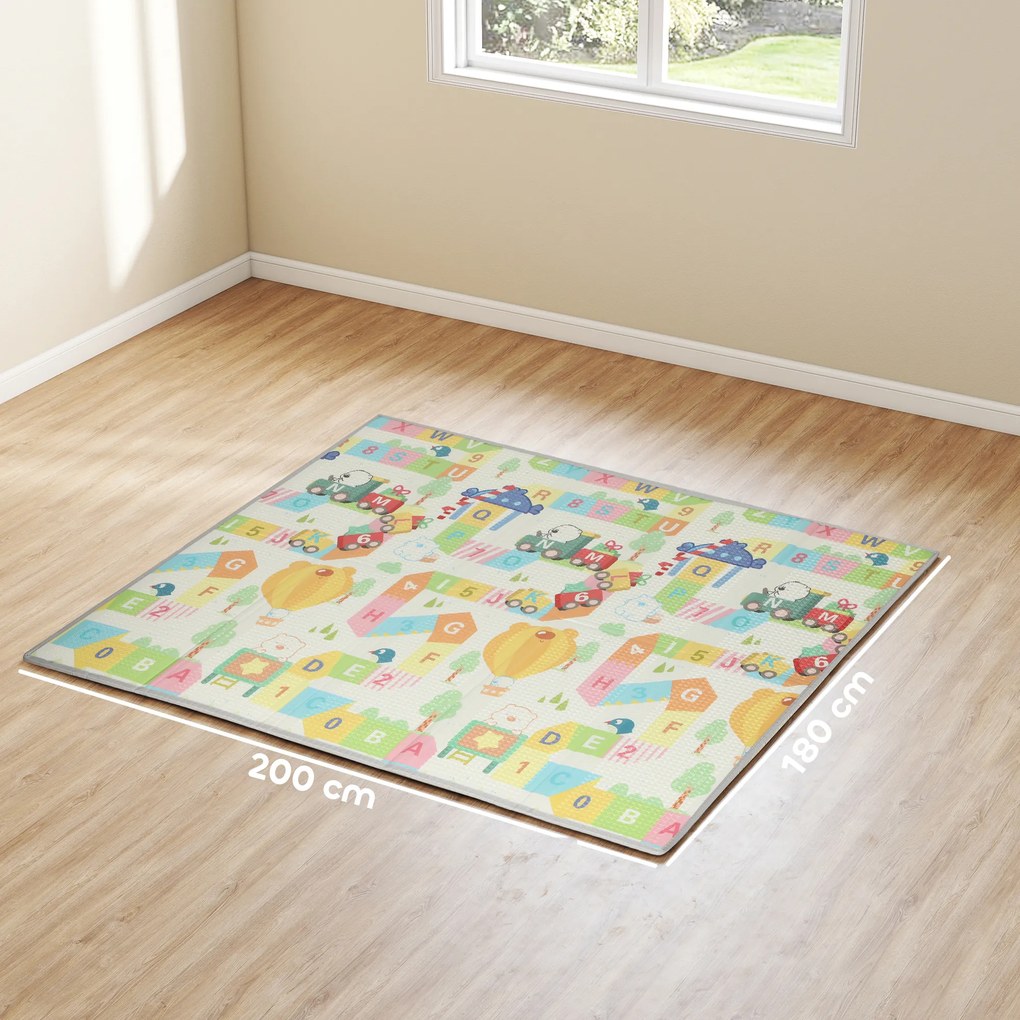 Tapete de brincar para bebé, dobrável e reversível, tapete de espuma espesso, 200 x 180 x 1,5 cm, multicolorido