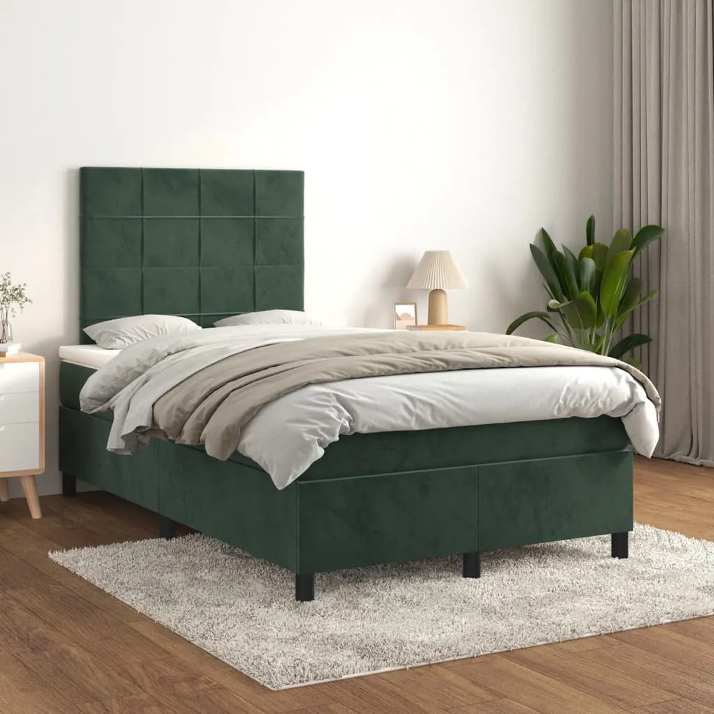 Cama boxspring com colchão 120x200 cm veludo verde-escuro