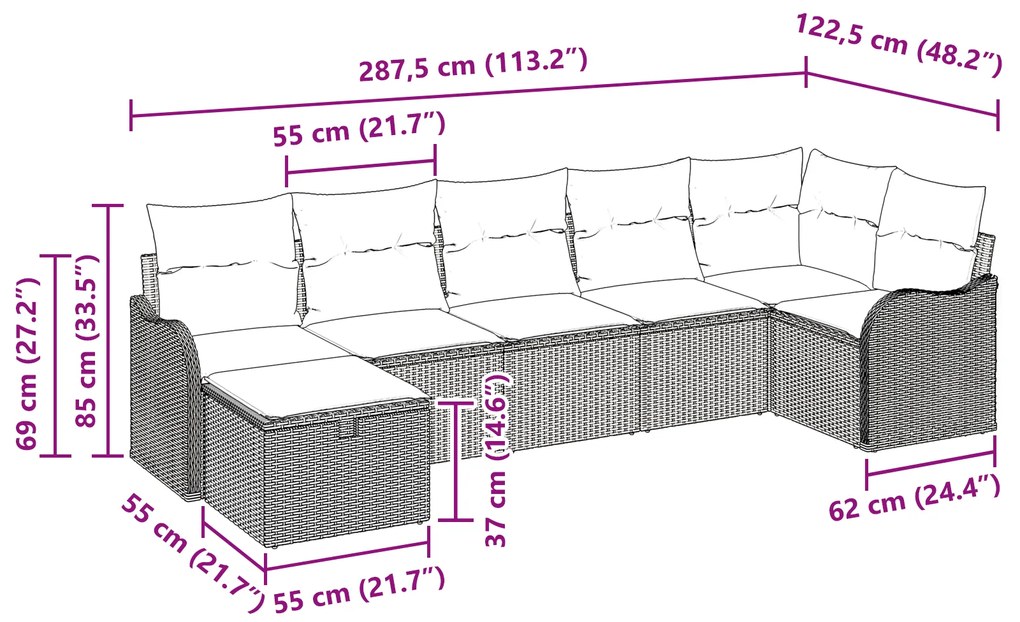 Conjunto de Sofá de Jardim vidaXL 7 Peças com Almofadas Preto Rattan P