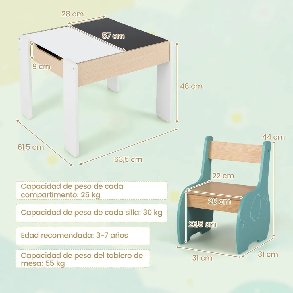Conjunto de mesa e 2 cadeiras para crianças Mesa de atividades em madeira 4 em 1 para arte, desenho, leitura e quadro removível Multicolor