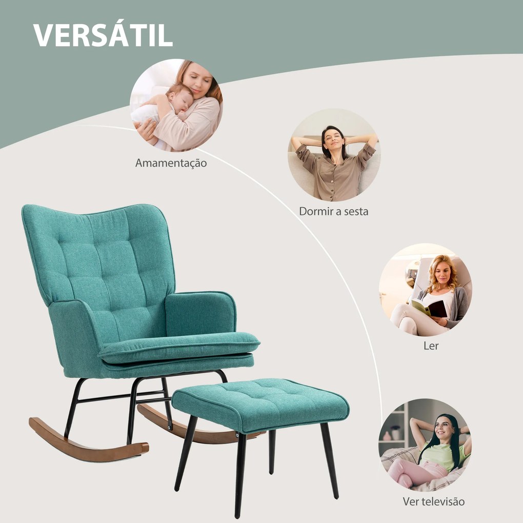 Poltrona Baloiço com Apoio para os Pés Poltrona Relax com Almofada Acolchoada e Anti-Tombo 64x89x90 cm Verde