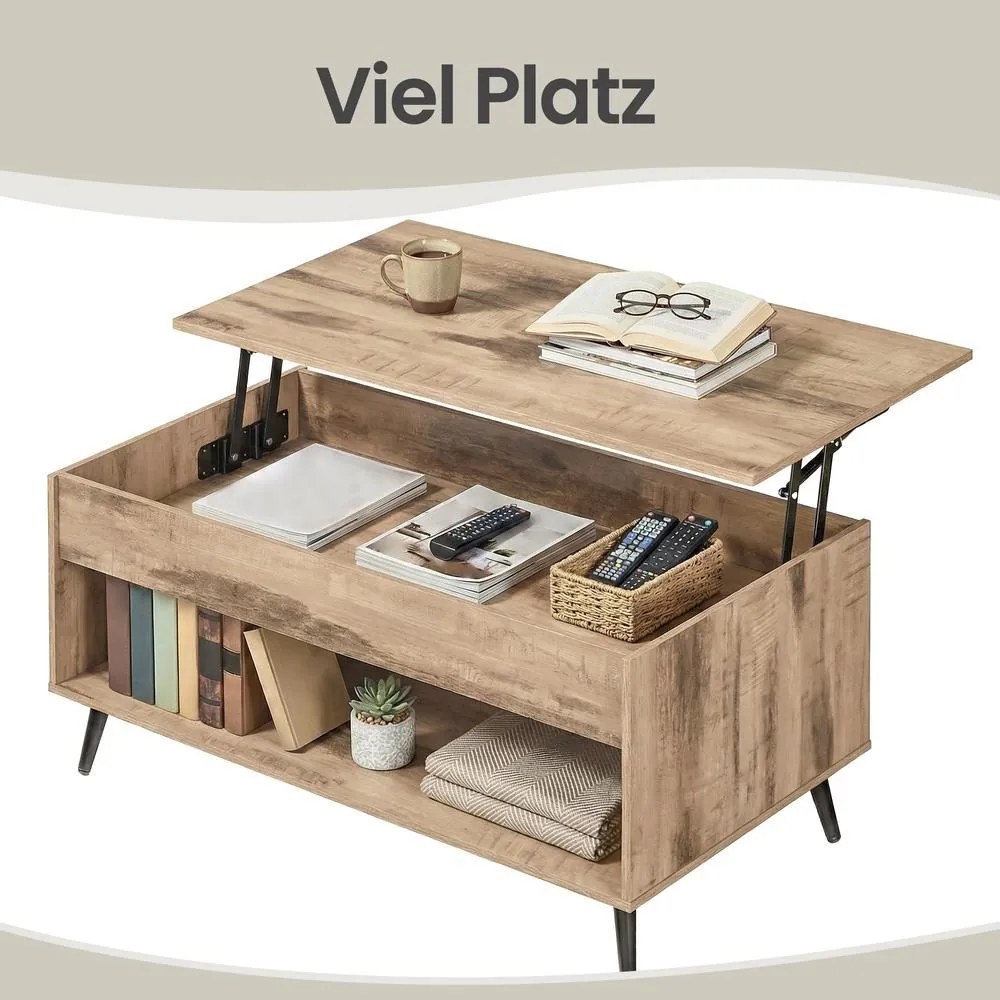 Mesa de sala, mesa de centro com altura ajustável 50 x 100 x 45/58,5 cm, compartimento oculto castanho-camelo e preto