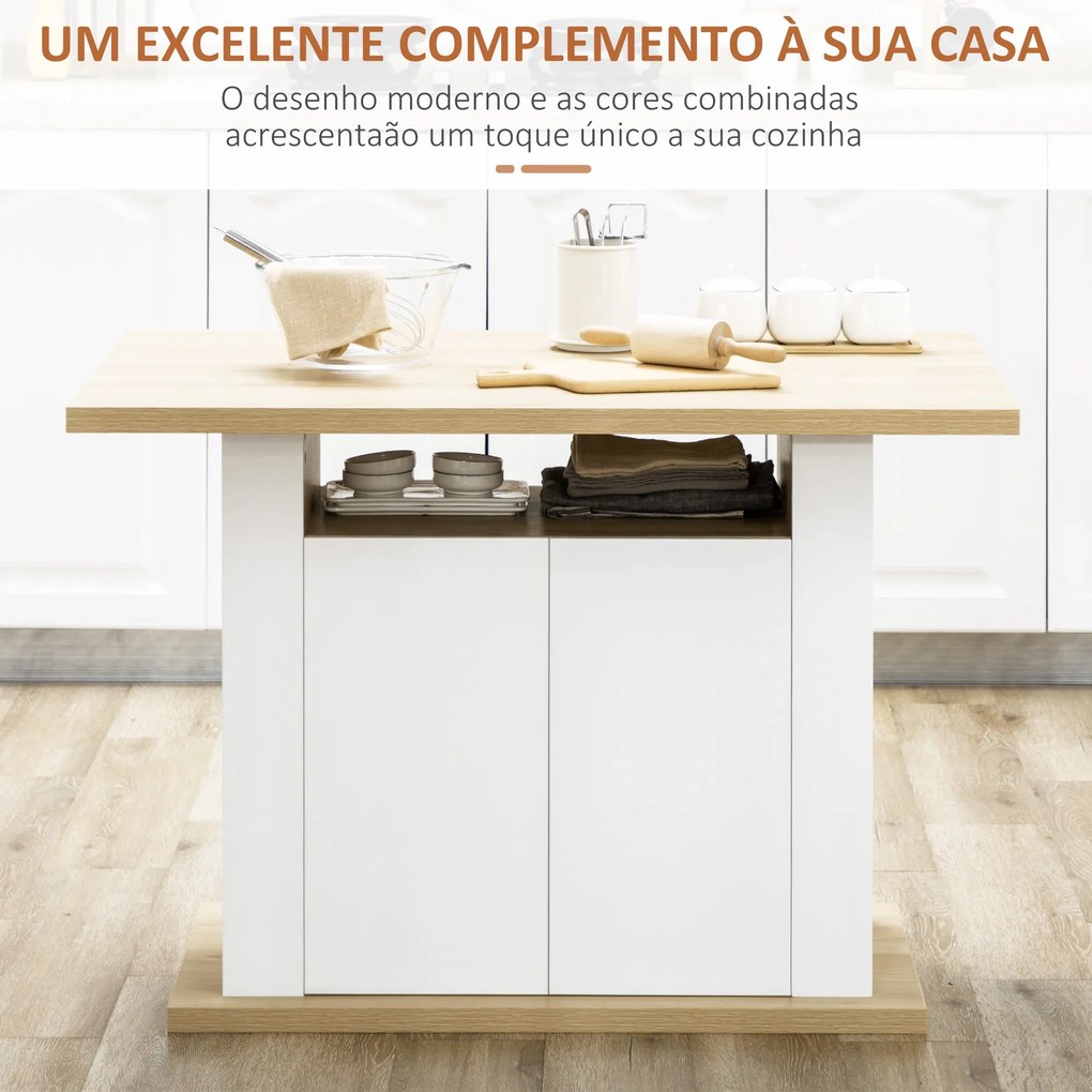 Ilha de Cozinha para 4-6 Pessoas 110x70x75,5 cm Móvel de Cozinha com 4 Portas Compartimentos Abertos  Cor Carvalho e Branco