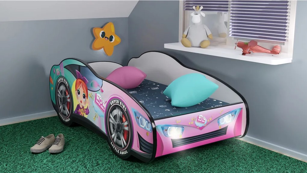 CAMA INFANTIL MENINA  C/ LEDS E OFERTA COLCHÃO ESPUMA Racing Car Girl 140 x 70 - ROSA ROSA