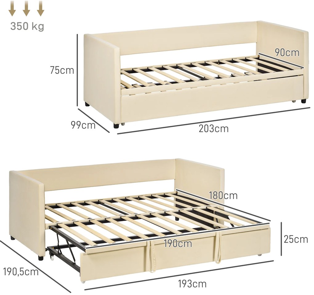 Estrutura para Sofá Cama 2 em 1 Sofá de Dois Lugares Cama de Casal com Rodas para Colchões de 90x190 cm Bege