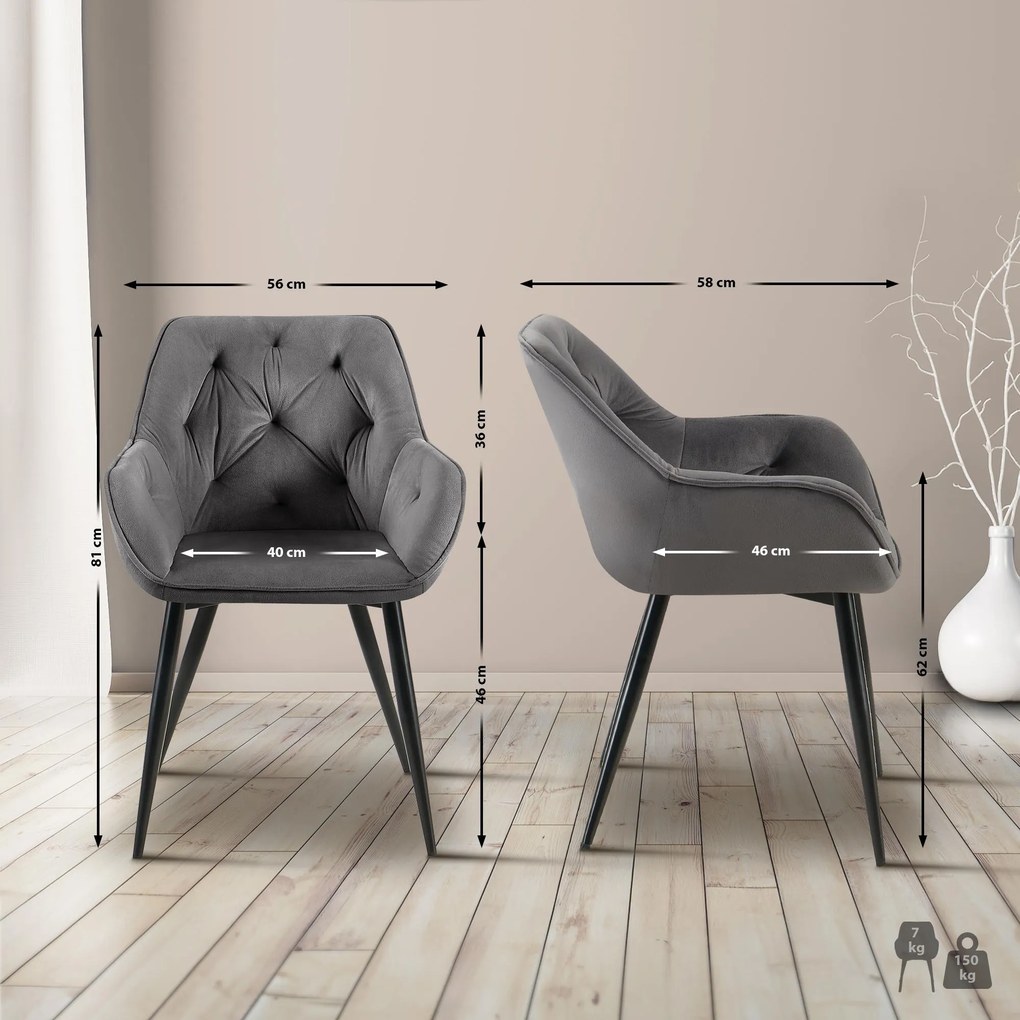 Cadeira de sala de jantar Cassis com estofo em veludo 81 x 56 x 58 cm Cinzento
