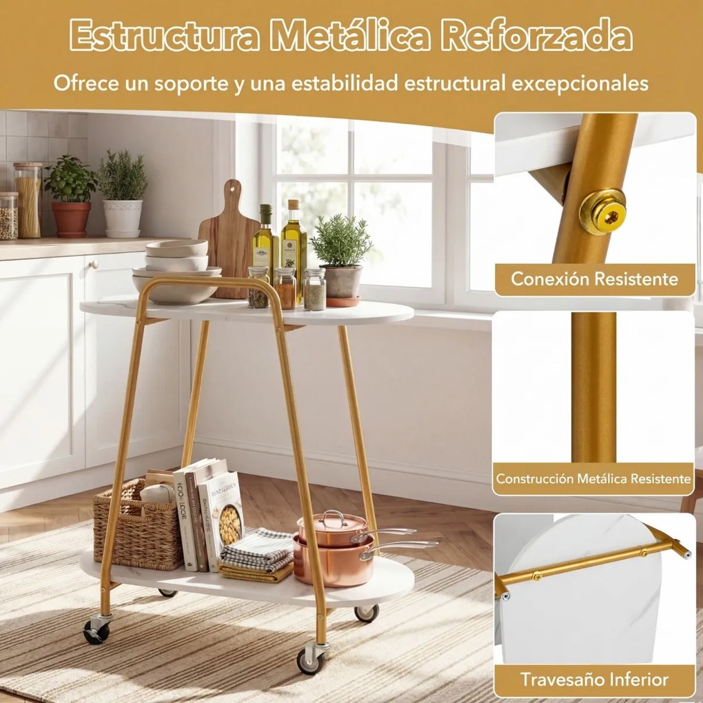 Mesa apoio com rodas 60 x 33,5 x 68,5 cm, 2 prateleiras, tampo em imitação de mármore, rodas com travão, Estrutura metálica, para quarto, cozinha ou s