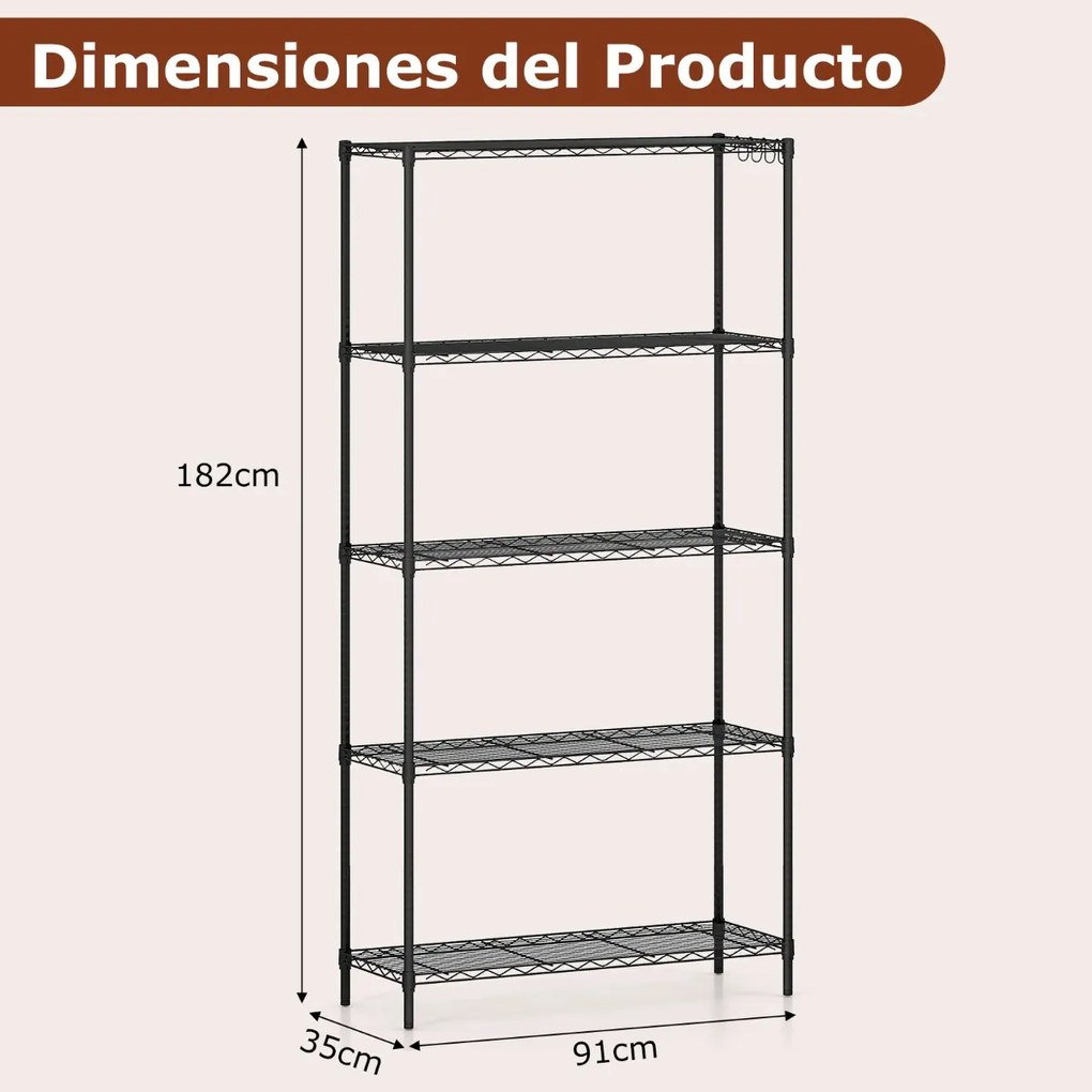 Estante metálica 91 x 35 x 182 cm ajustável de 5 níveis com grelha de arame com capacidade para 565 kg para casa, cozinha, garagem, escritórios Preta