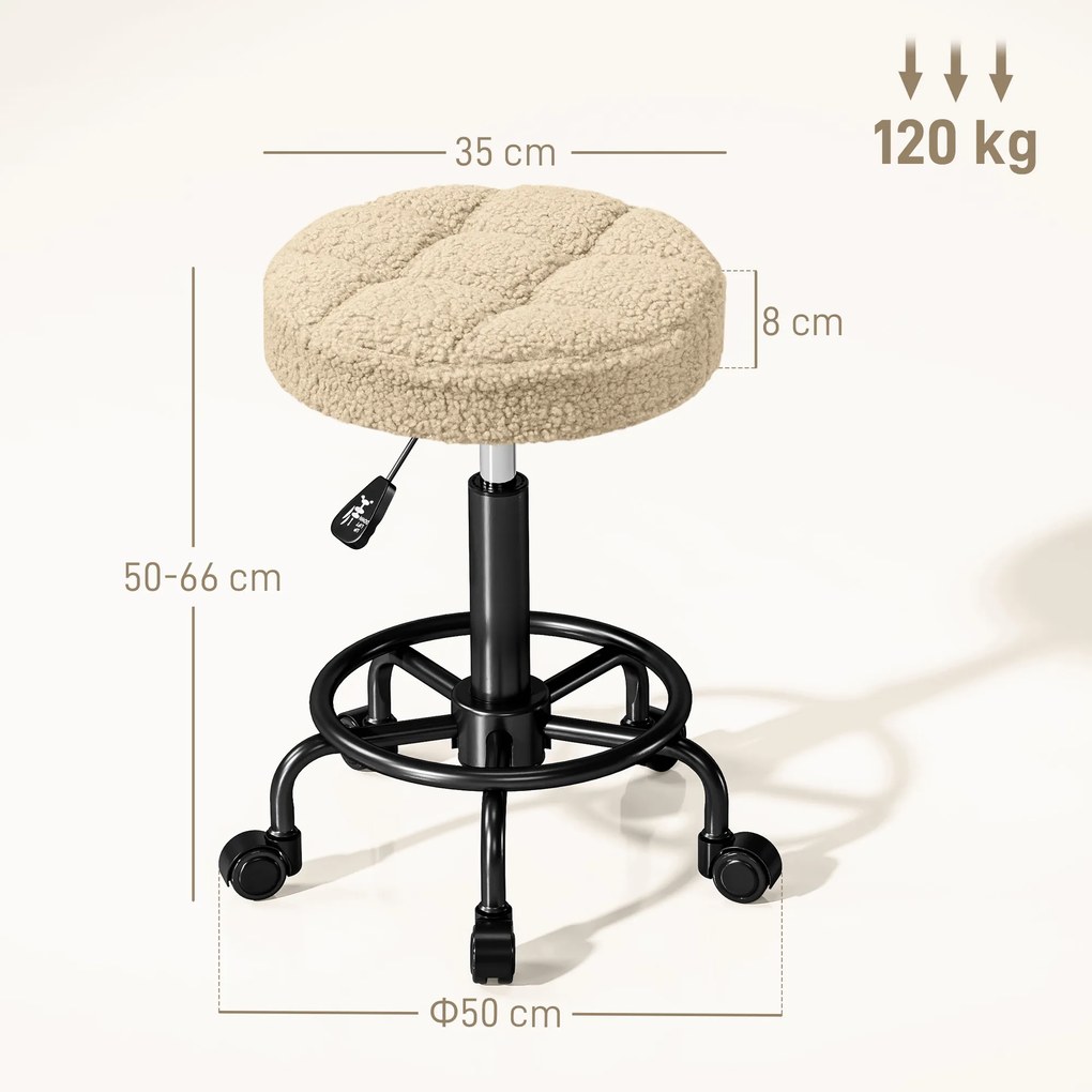 Banco Giratório Cosmetica Redondo Banco com Rodas Altura Regulável 50-66 cm Assento Estofado em Tecido tipo Borreguito Castanho Claro