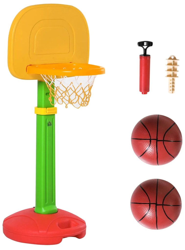 HOMCOM Tabela de Basquetebol Infantil para Crianças acima de 3 anos Altura Ajustável 2 Bolas e Inflador 52,5x44x120-160cm Amarelo Verde Vermelho