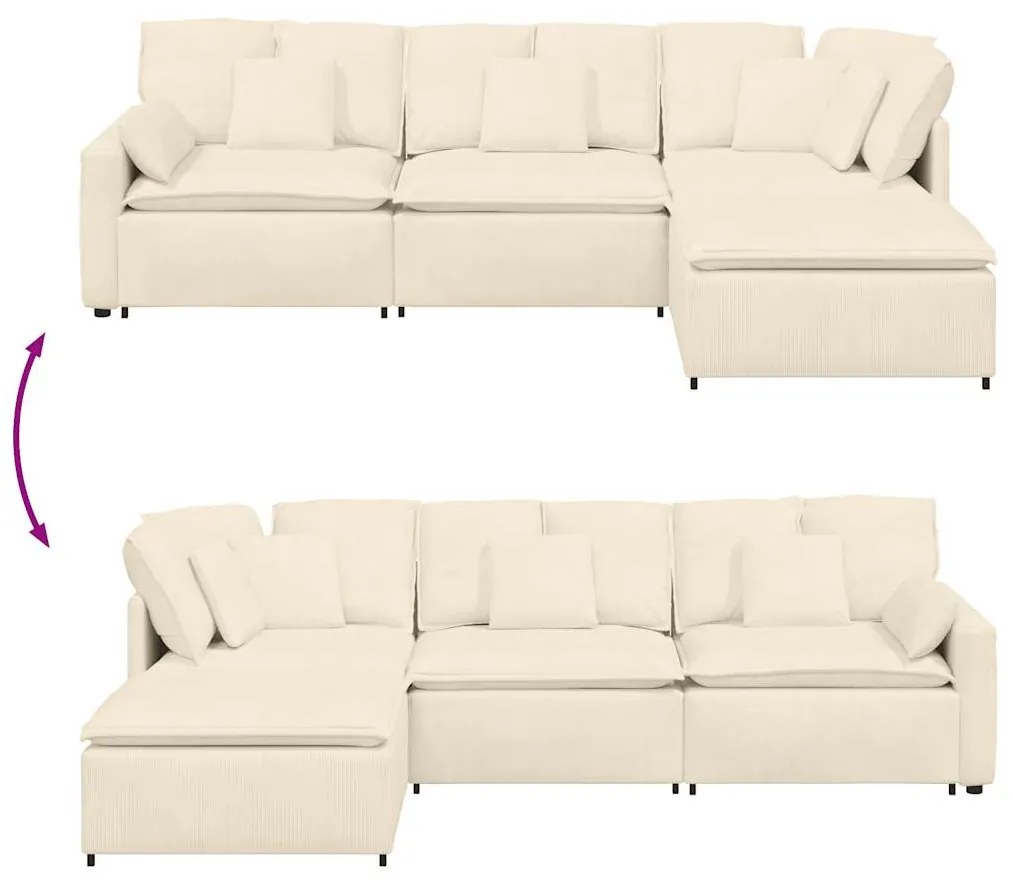 Sofá modular com pufes e almofadas tecido corduroy creme