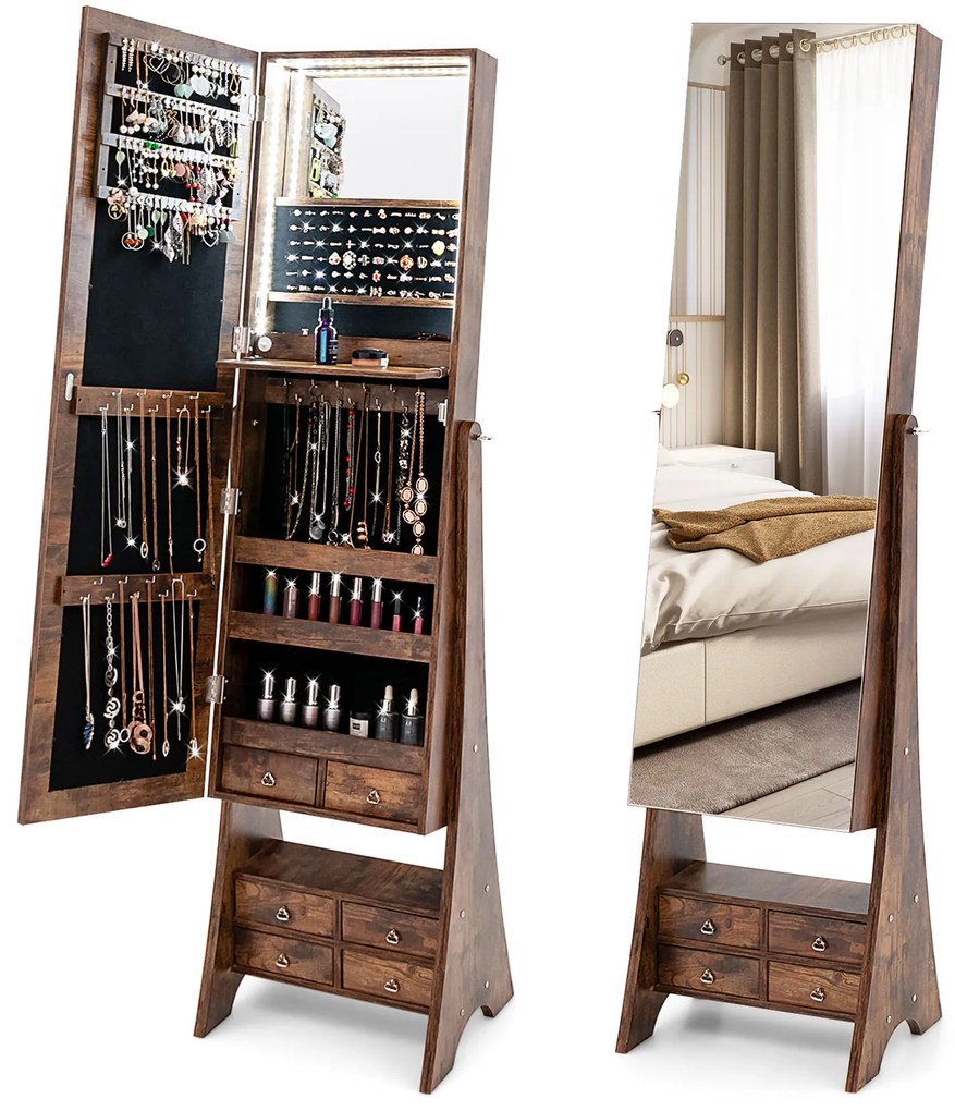 Armário de joias espelhado LED de corpo inteiro independente com 6 gavetas - branco