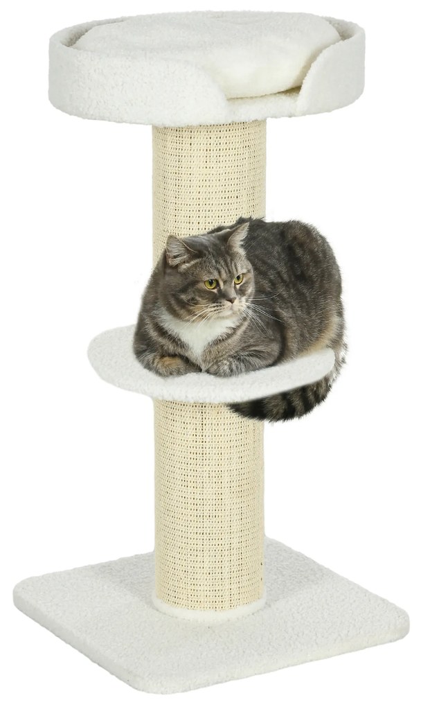 PawHut Arranhador Gatos 91 cm 3 Níveis Ninho Plataforma Poste Sisal Confortável 45x45x91 cm Creme Ideal para Gatos