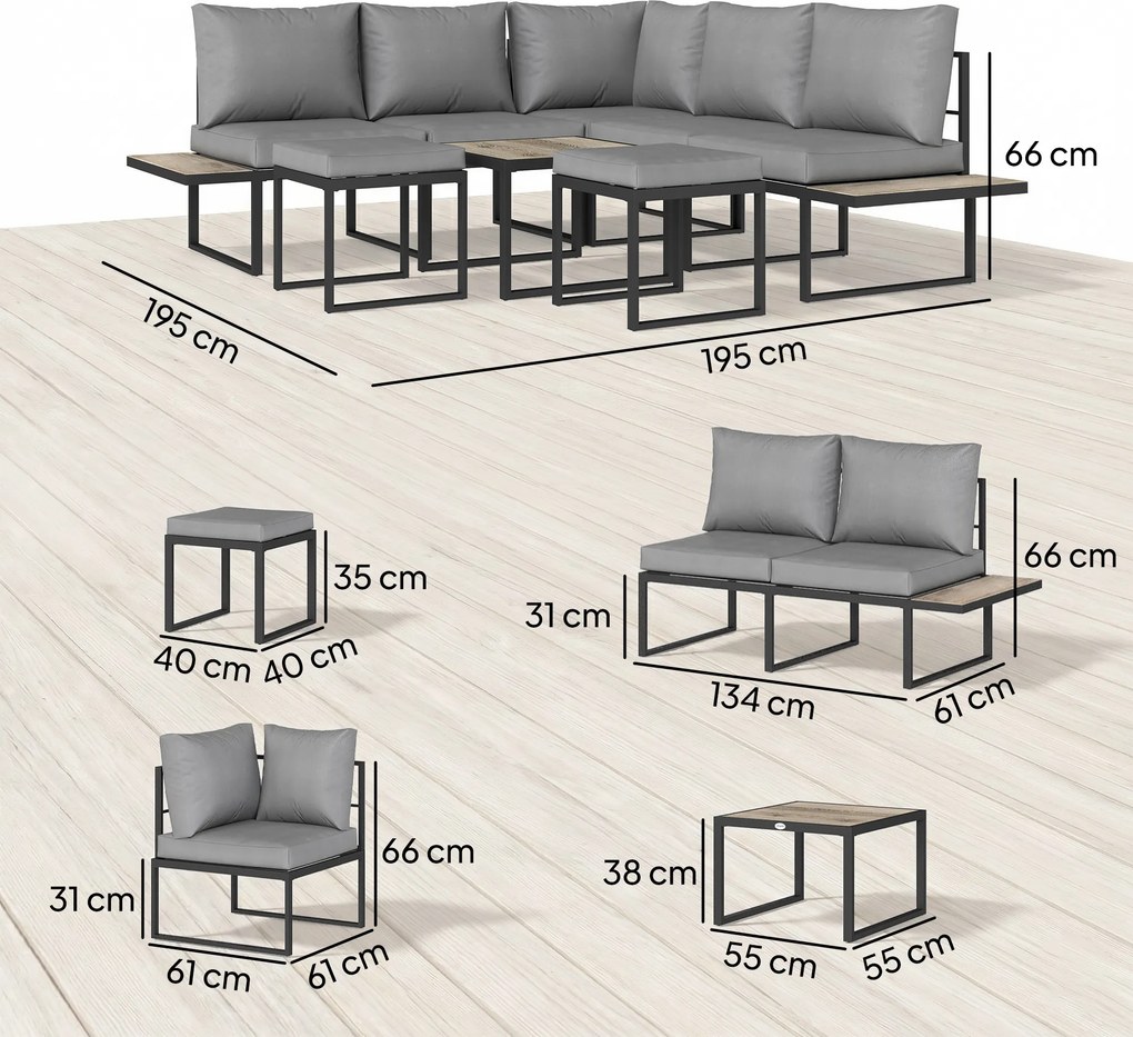 Conjunto de jardim para 6 pessoas, modular, com mesa baixa e extensões laterais em madeira PSPC e almofadas grossas de 10 cm, cinzentas