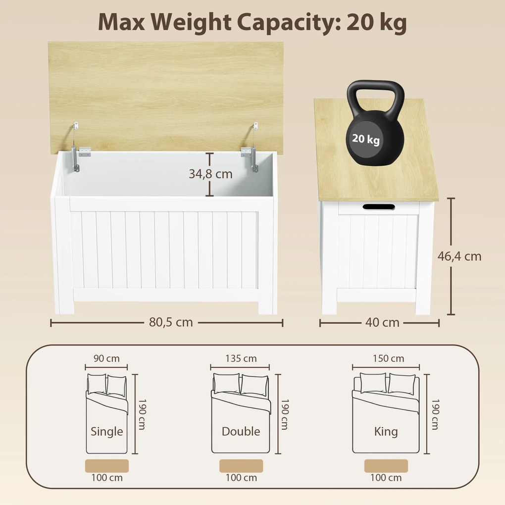 Baú de Arrumação 90 L com Tampa Versátil com Dobradiça de Segurança 80,5x40x46,4 cm Madeira e Branco
