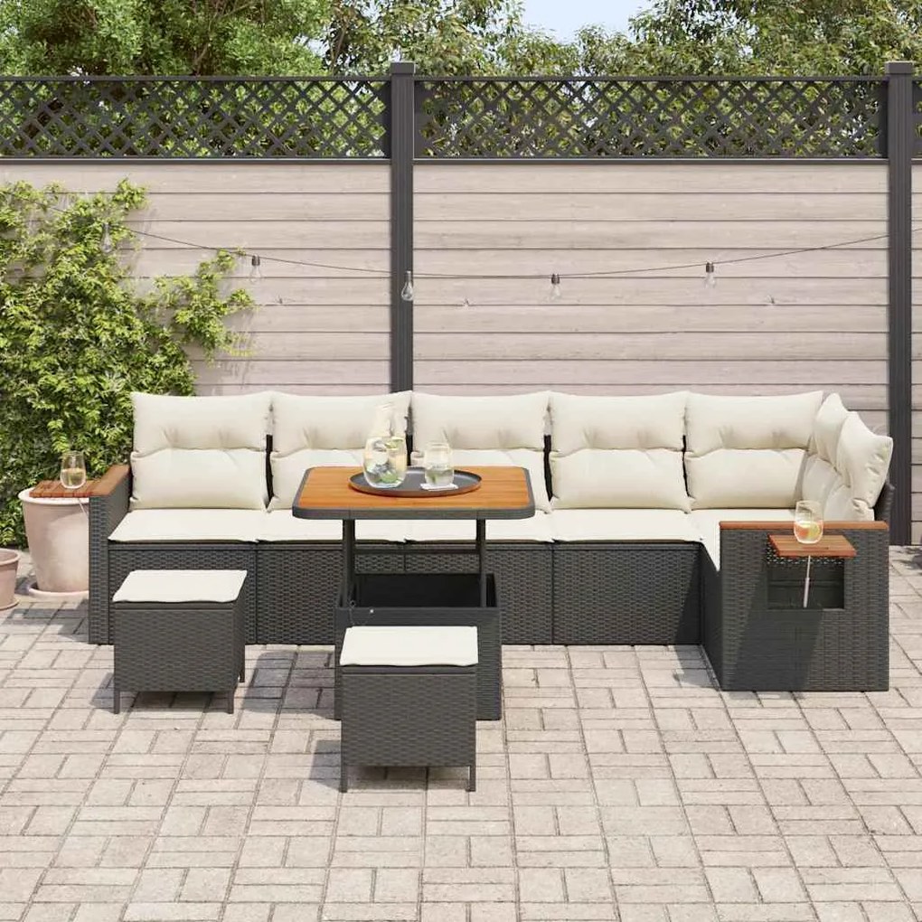Conjunto de Sofás de Jardim com Almofadas vidaXL 9 Peças Preto Rattan