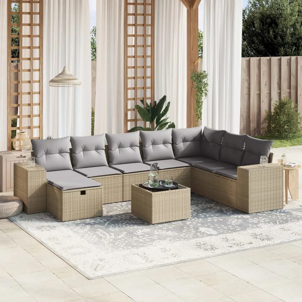 9 pcs conj. sofás jardim c/ almofadões vime PE bege misturado
