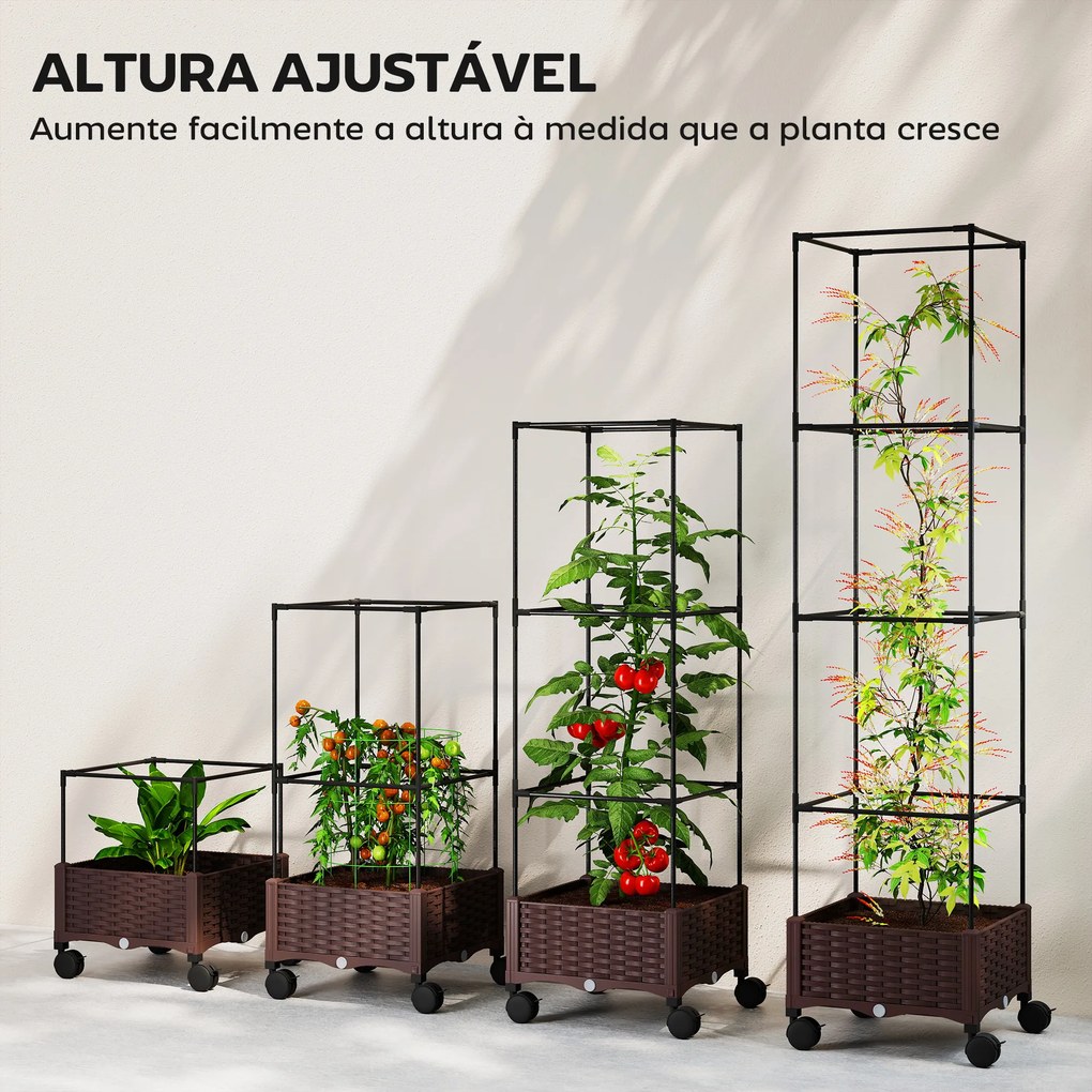 Floreira com Treliça e Rodas com Drenagem para Cultivo de Vegetais Flores e Ervas Aromáticas 40x40x165 cm Castanho