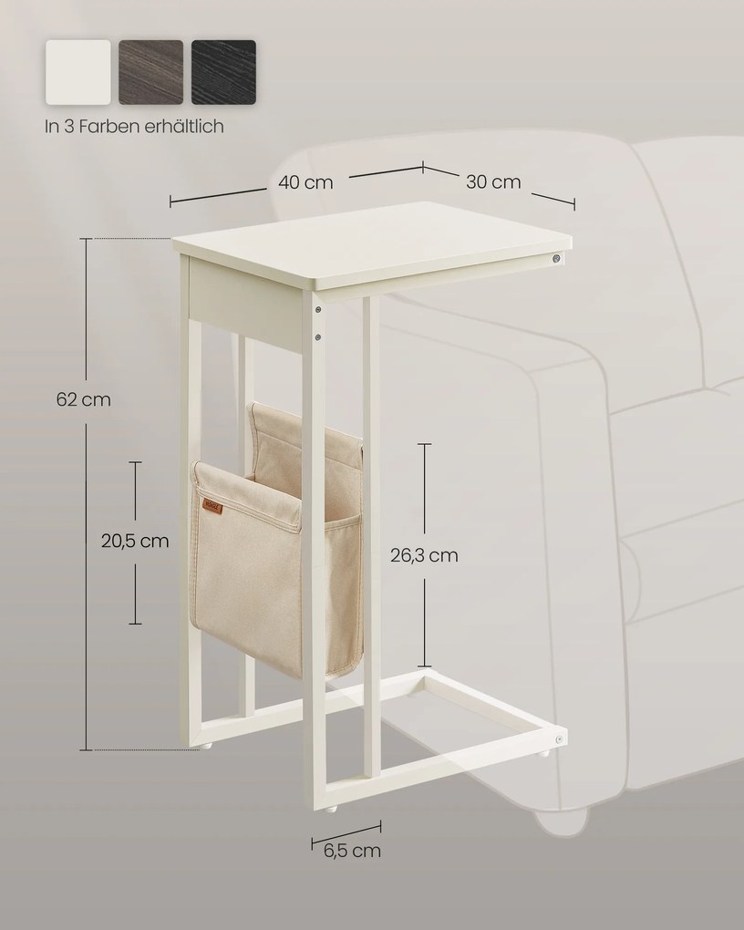 Mesa de apoio em forma de C com saco de arrumação 30 x 40 x 62 cm branco creme