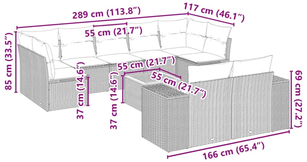 10 pcs conjunto sofás de jardim c/ almofadões vime PE cinzento