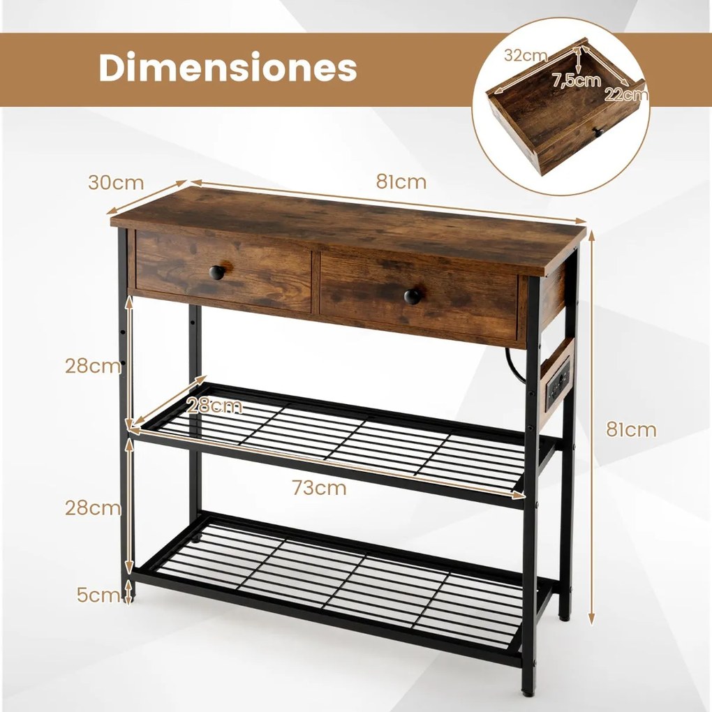 Mesa Consola "Elios" com Estação de Carga - 2 Gavetas e Estantes de Me