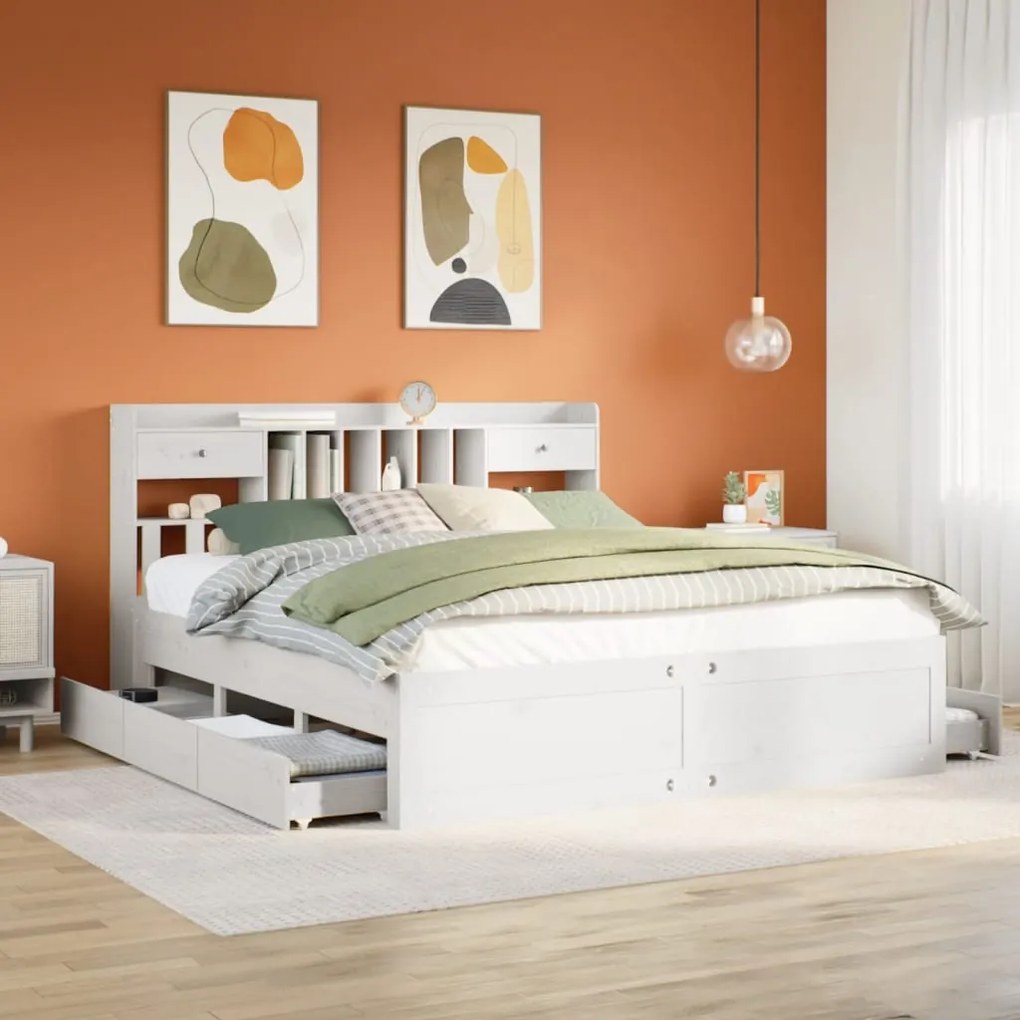 vidaXL Cama com estante sem colchão 180x200 cm pinho maciço branco