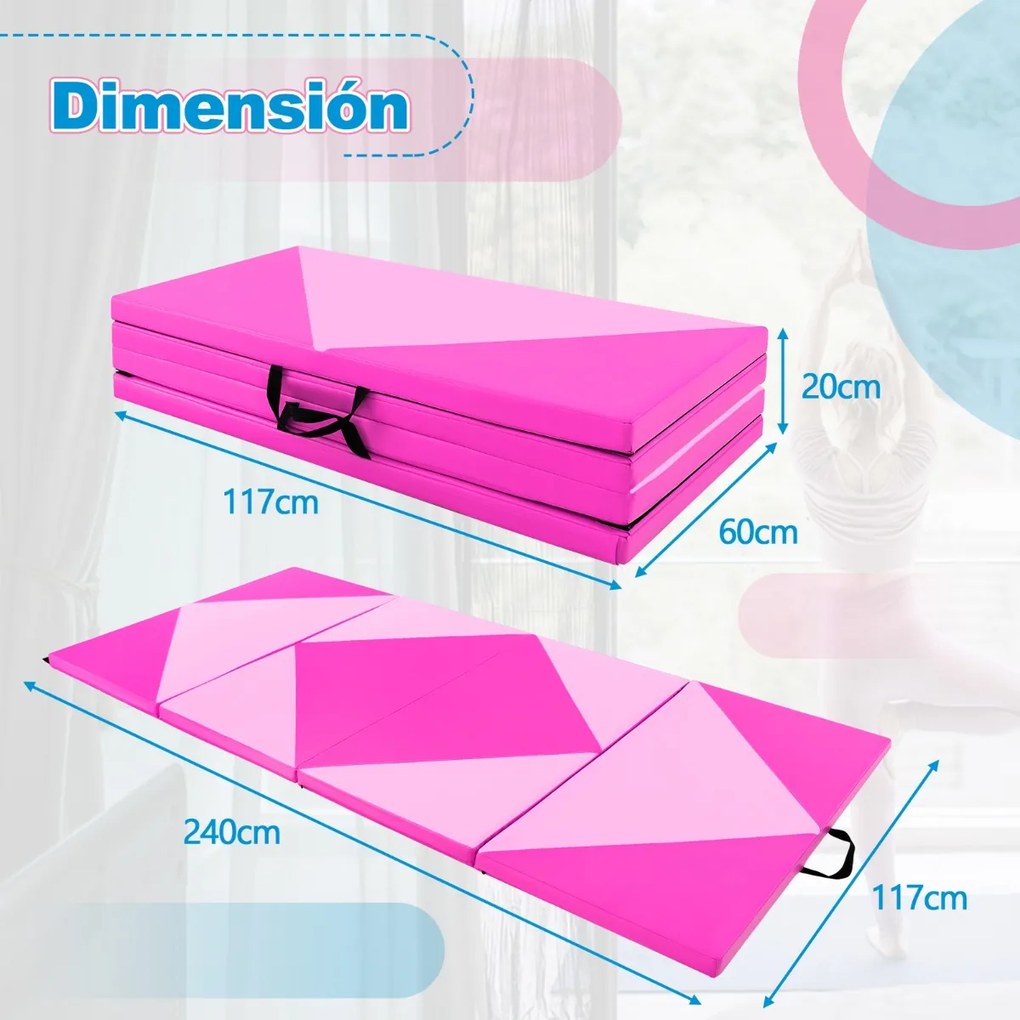 Colchão de ginástica dobrável 240 x 117 x 5 cm de PU para exercícios aeróbicos multifuncional purpura e rosa