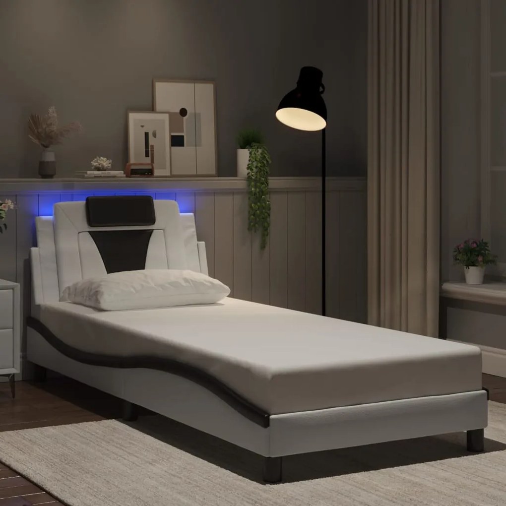 Estrutura cama c/ luzes LED 90x200cm couro artif. branco/preto
