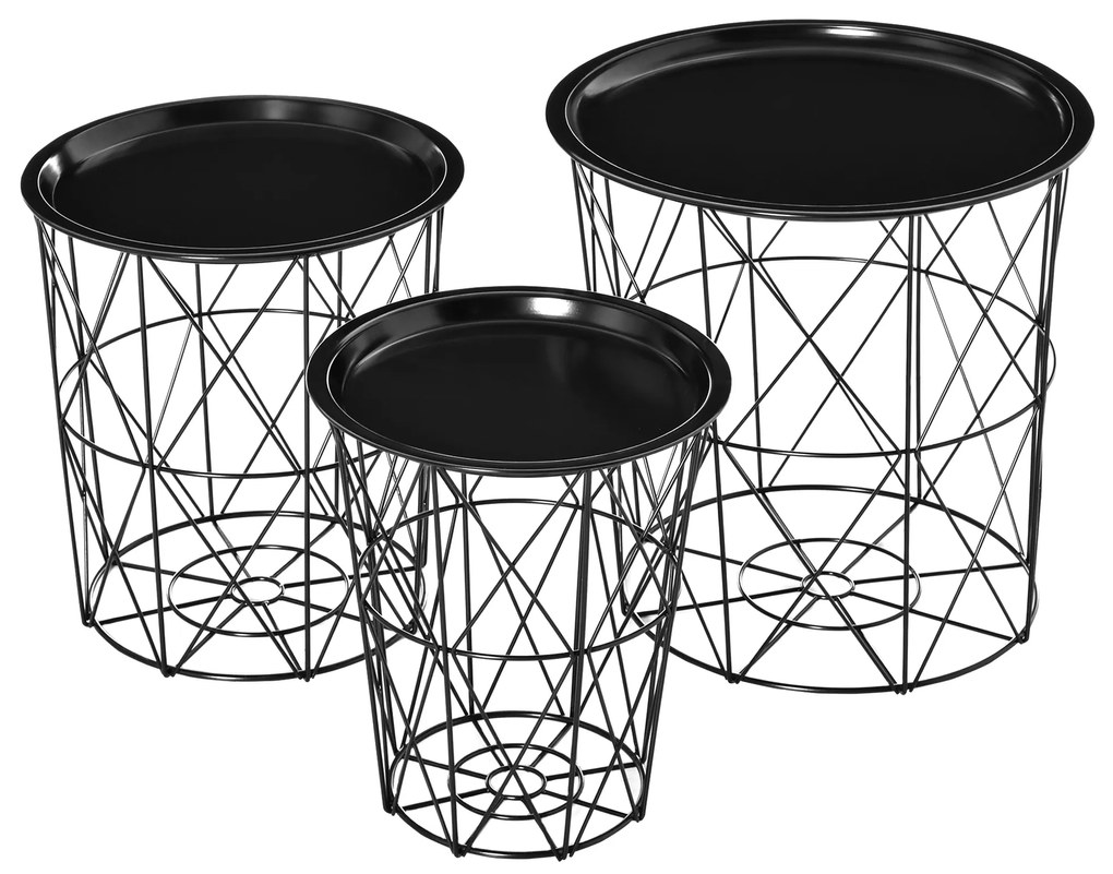 HOMCOM Conjunto de 3 mesas laterais empilháveis Cestos de metal com bandeja removível e espaço de armazenamento Estilo moderno para sala de estar Diâmetro Ø43 Ø35 e Ø30 preto