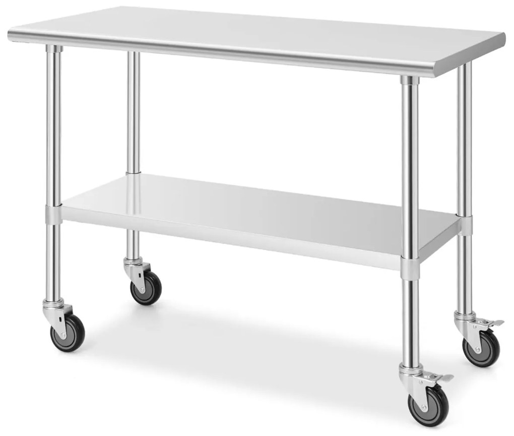 Mesa de Trabalho com Rodas para Cozinha Carrinho de Serviço em Aço Inoxidável 2 Prateleiras Carga 250 kg para Restaurante 122 x 61 x 90 cm