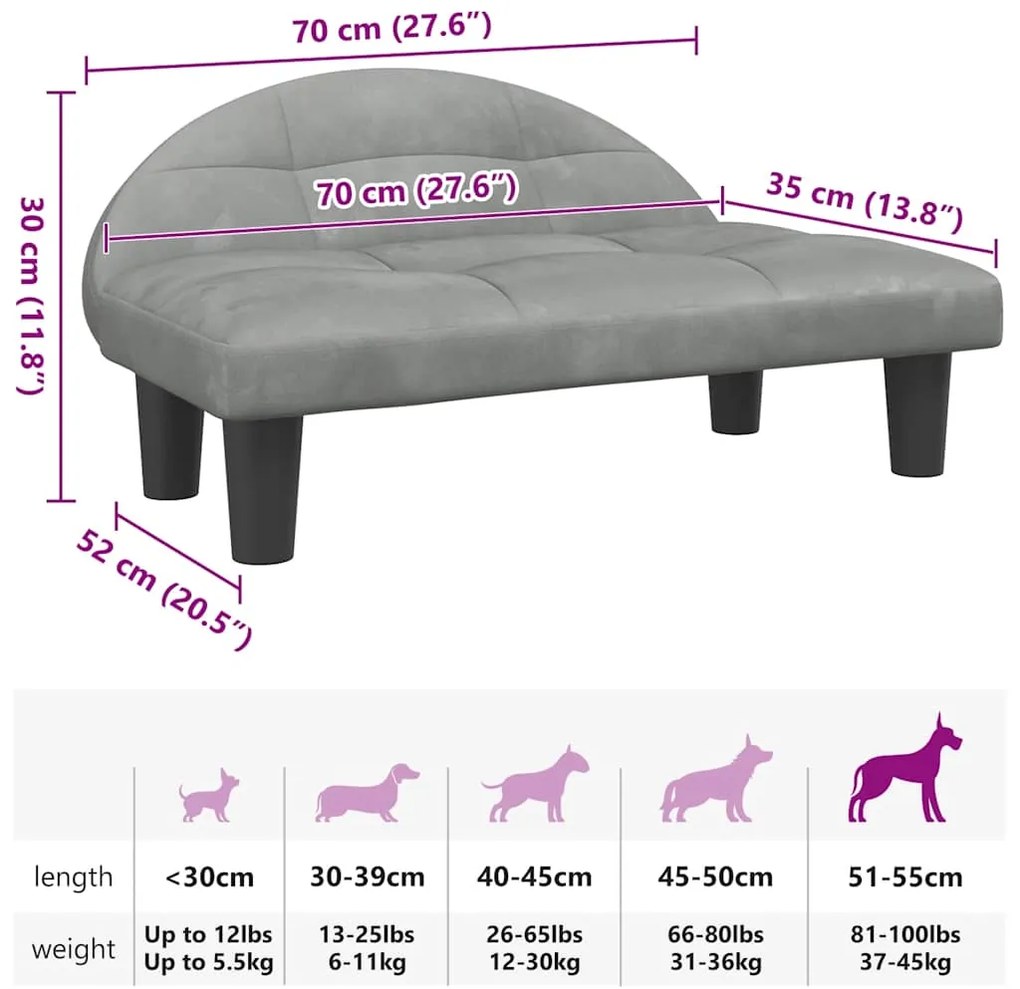 Cama para cães 70x52x30 cm veludo cinzento-claro