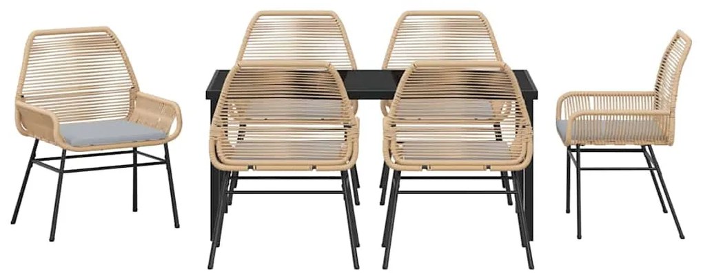 Conjunto de jantar de jardim com 7 peças e almofadas marrons de rattan