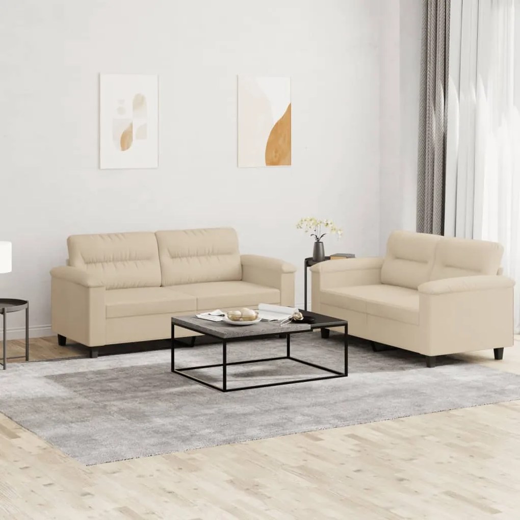 2 pcs conj. sofás c/ almofadões tecido de microfibra cor creme