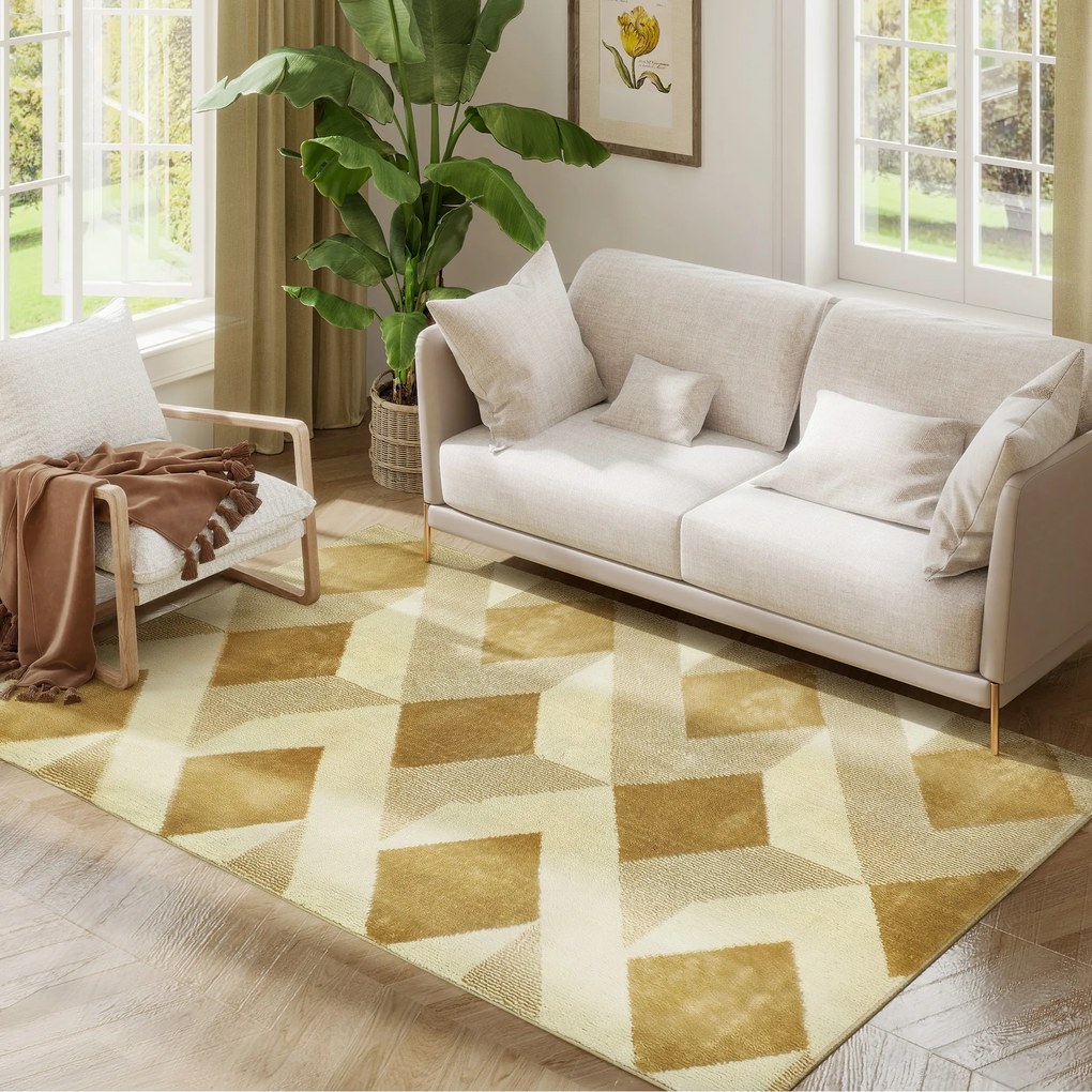 Tapete Sala de Estar 170x120 cm Tapete Lavável na Máquina de Lavar Pelo Curto Estilo Moderno Creme e Castanho Claro