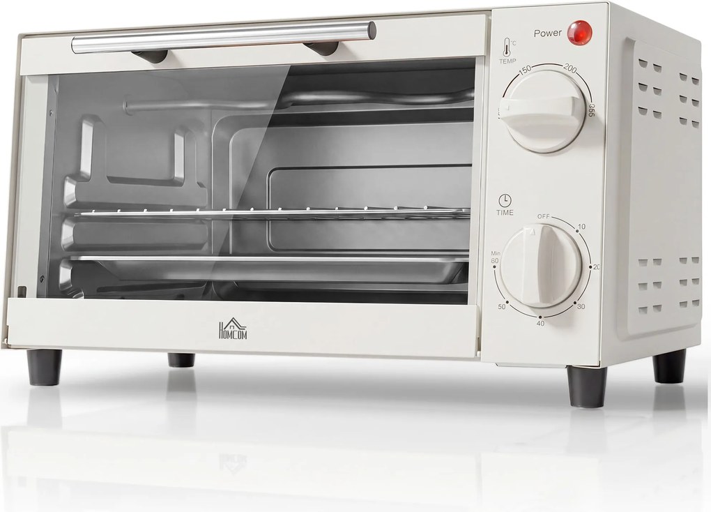 HOMCOM Mini Forno Elétrico 9L com Temperatura Ajustável até 230°C Temporizador 60 min e Bandeja para Assar 35x24,6x20 cm Creme | Aosom Portugal