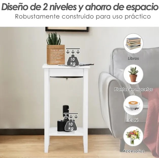 Conjunto de 2 mesas de apoio de sofá de 2 níveis Mesa retangular compacta e estreita para sala de estar Quarto 40,5 x 29,5 x 73,5 cm Branco