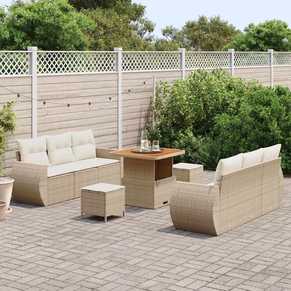Conjunto de Sofá para Jardim com 9 Peças e Almofadas Bege de Rattan Po