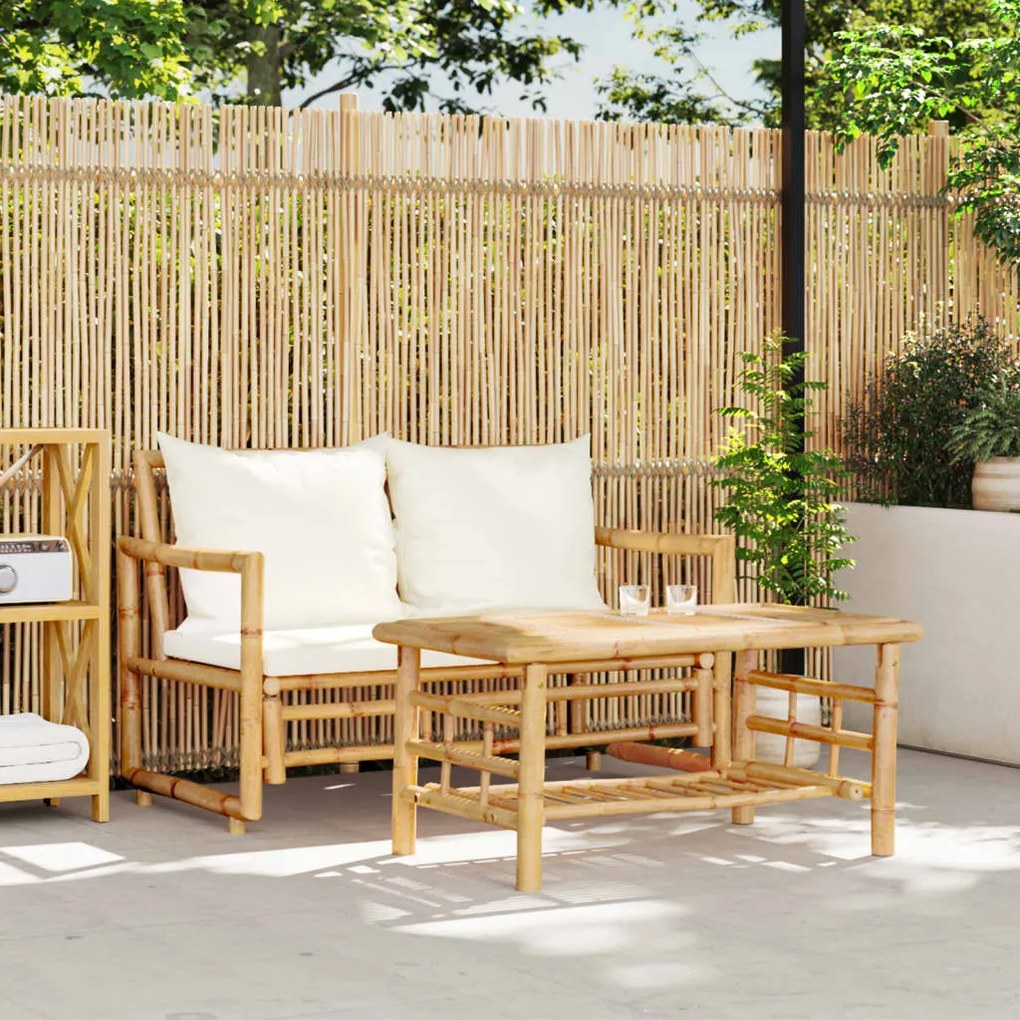 2 pcs conjunto de sofá de jardim com almofadões bambu