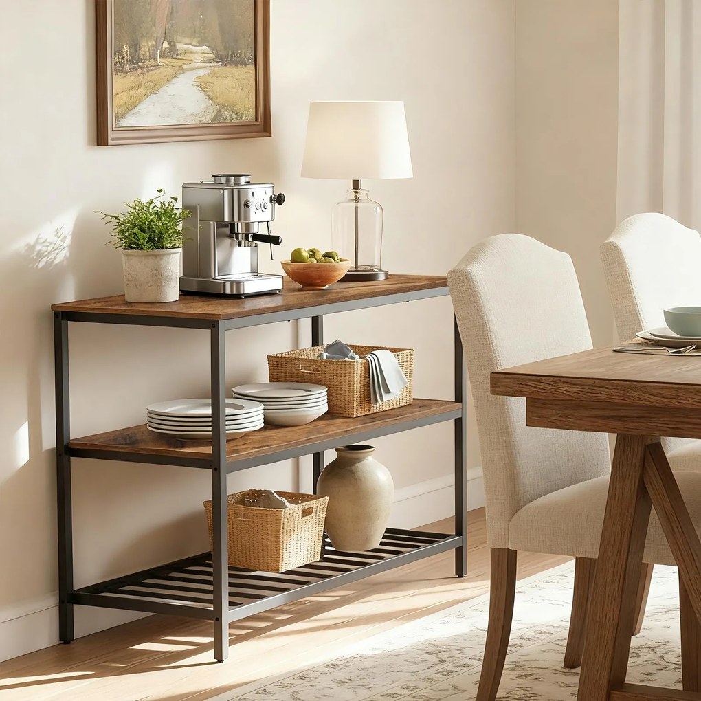 Armário de cozinha com grande bancada 60 x 120 x 90 cm, prateleira para micro-ondas com 3 níveis, estrutura em aço castanho-preto
