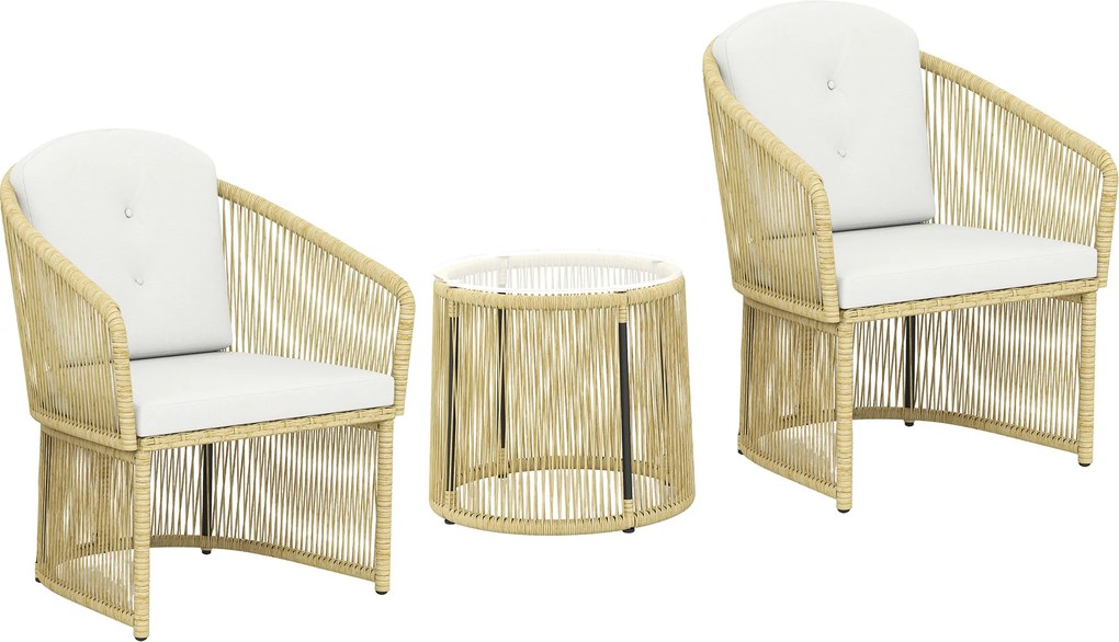 Outsunny Conjunto de jardim exterior em resina trançada 2 pessoas, mesa de jardim exterior com 2 cadeiras com almofadas, creme | Aosom Portugal