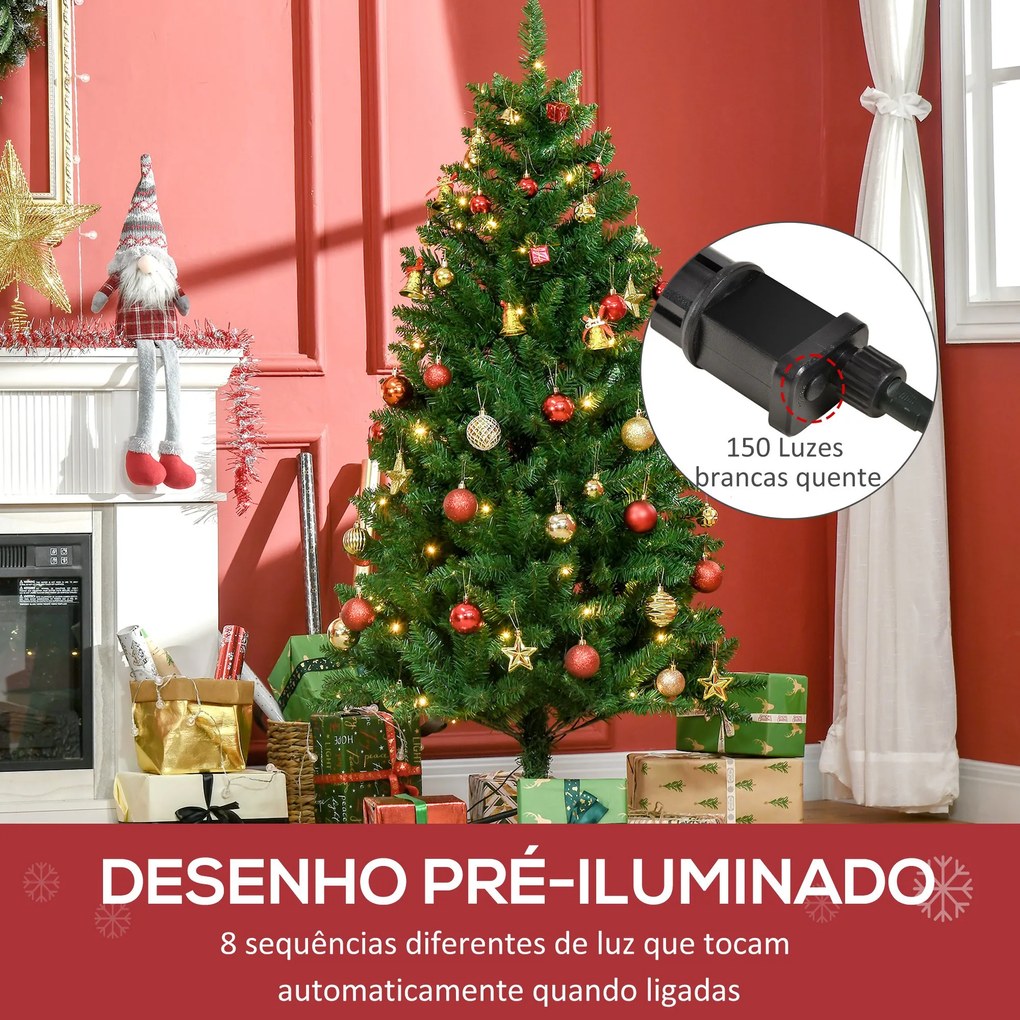 Árvore de Natal Artificial Altura 150cm Ignífugo com 502 Ramos 150 Luzes LED IPX2 8 Modos Folhas de PVC Base Dobrável e Suporte Metálico Decoração de