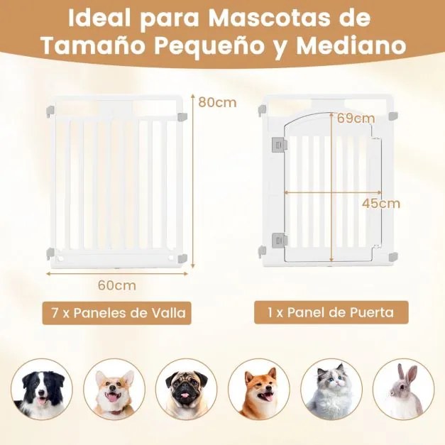 Barreira de plástico para cães com 8 painéis de 80 cm de altura com porta de segurança para cães pequenos e médios, gaiola dobrável branca