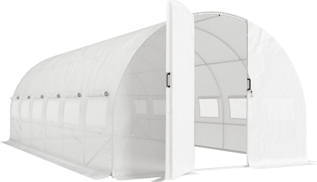 Outsunny Estufa de Túnel 6x3x2 m com Porta de Dobradiças,12 Janelas com Rede e Estrutura de Aço Galvanizado Branco | Aosom Portugal